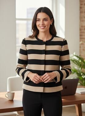 Anne Klein Women's Cropped Jacket Black Tan Stripe Size S Career Blazer